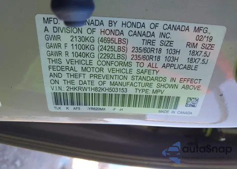 2019 Honda Cr-V Ex-L z USA, uszkodzony, nr VIN 2HKRW1H82KH503153